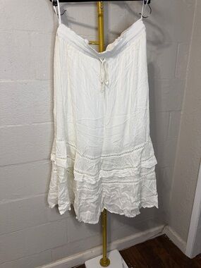 Doe & Rae White Tiered Maxi Skirt with Drawstring Waist